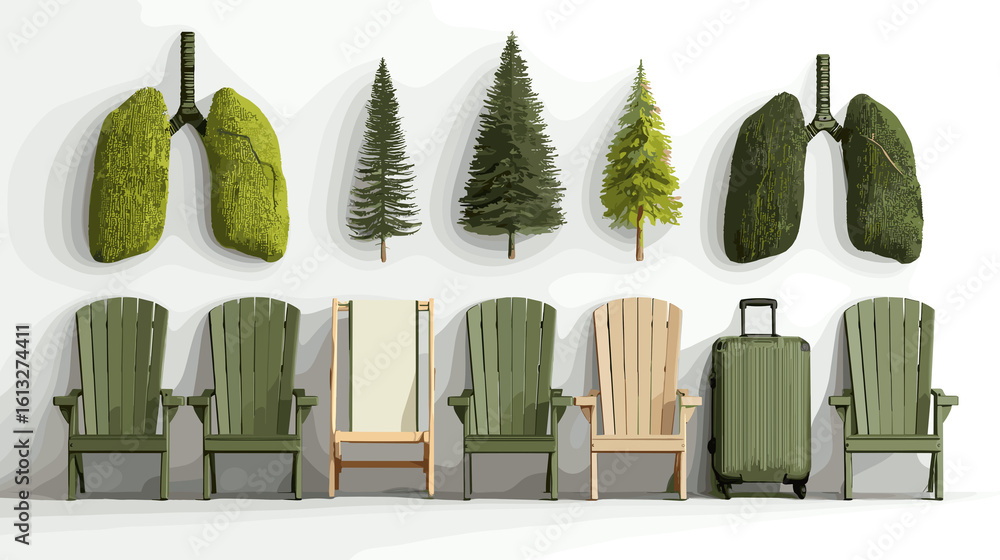 Poster a series of green chairs and a suitcase are arranged in a row. the chairs are all different sizes an