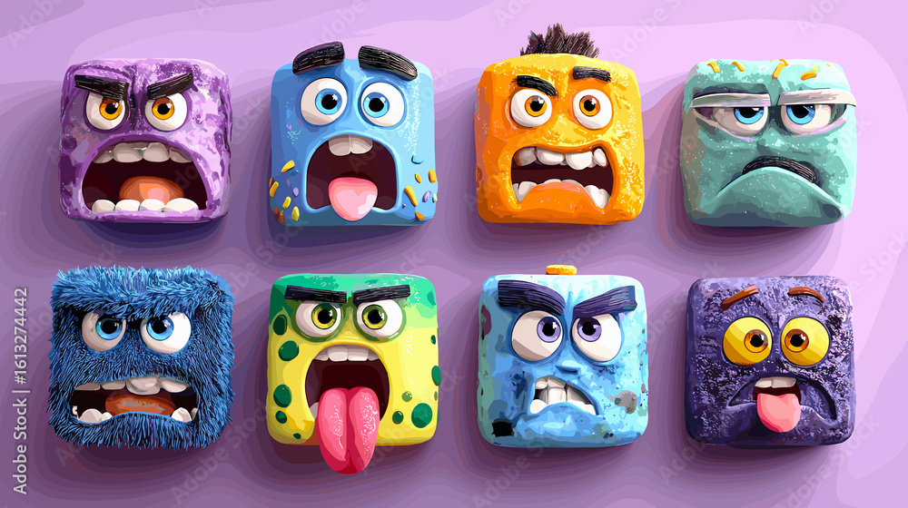 Poster a set of cartoon faces with different expressions, including angry, sad, and surprised. the faces ar