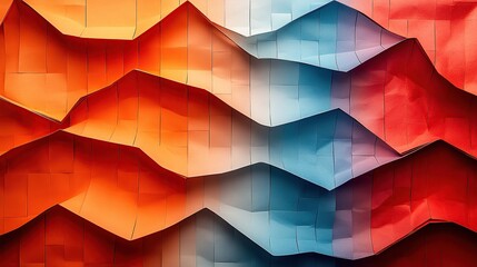 Dynamic abstract architectural facade with flowing orange blue and red metallic panels forming vibrant geometric patterns and textured lines showcasing modern artistic design and visual energy