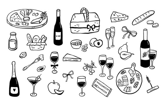 Wine and appetisers minimalist drawings. Mediterranean restaurant menu background. Slow living concept, crayon illustrations set, charcuterie