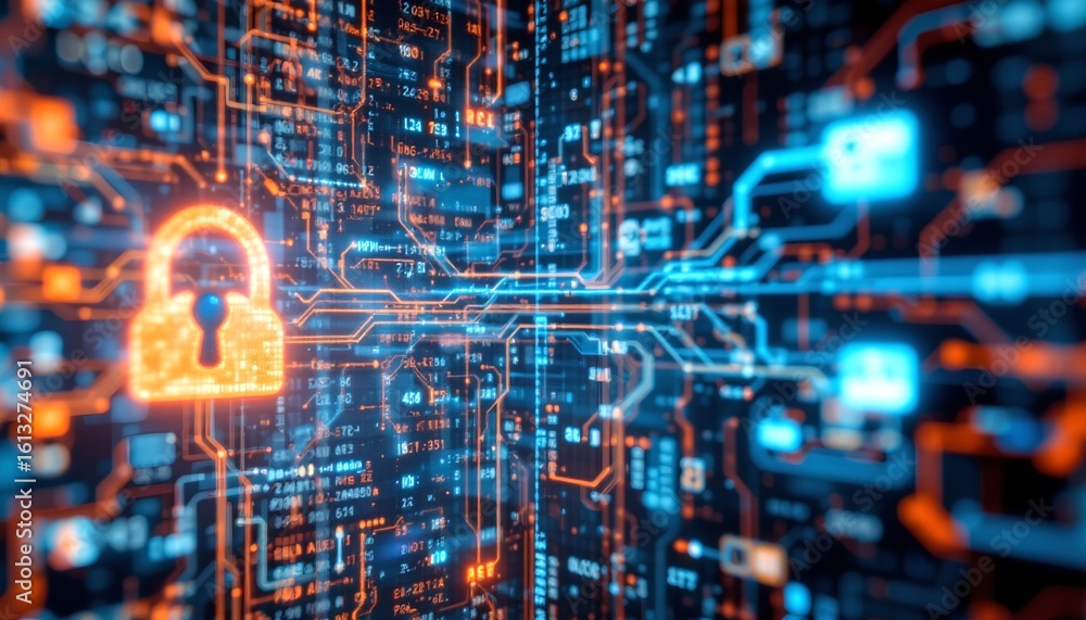 Poster cybersecurity concept featuring an illuminated digital lock, signifying data protection and network 