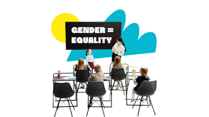 Contemporary collage of teacher and students in classroom, learning about gender equality. Concept...