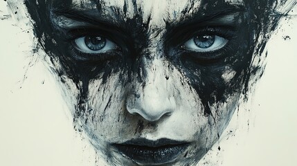 Mixed media portrait of a woman with piercing blue eyes and bold black smudges creating a dramatic emotional expression filled with abstract intensity and artistic power
