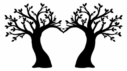 Two black trees with leaves forming a heart shape in the middle on a white background illustration