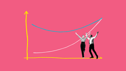 Colorful collage of businesswoman and businessman celebrating over rising lines on graph with pink background. Concept of gender equity progress, workplace parity, diversity metrics, HR visuals.