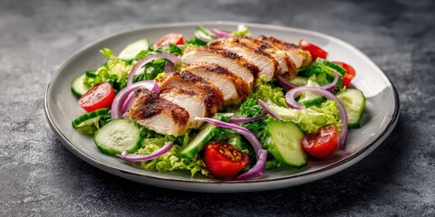 The grilled chicken salad with fresh vegetables and vibrant colors on a plate.