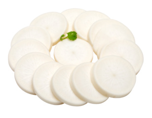 Circular arrangement of sliced white radish, isolated on transparent background