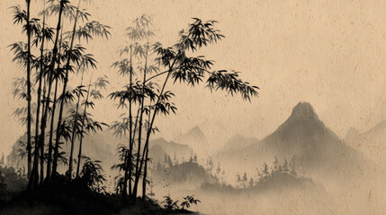 Serene bamboo landscape misty mountains traditional art tranquil environment aesthetic view eastern philosophy