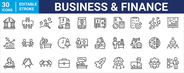 Business Finance line web icons Money and Coins. Cash, Credit Cards, Money Bag, Containing banking, Investment, income, accounting, money, loan. Editable stroke.