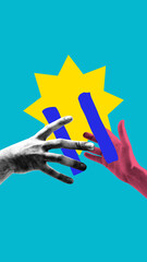 Modern collage of two hands reaching for equal sign with bright abstract starburst. Concept of...
