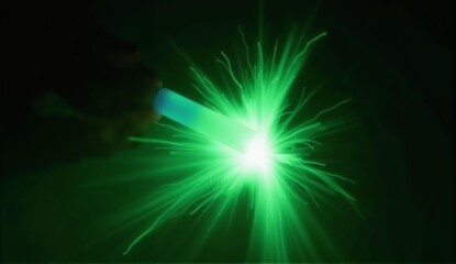 High-speed photo captures the vibrant burst of a glow stick snapping, showcasing the chemical reaction and neon green light., ultra detailed, 8k resolution, HDR, professional