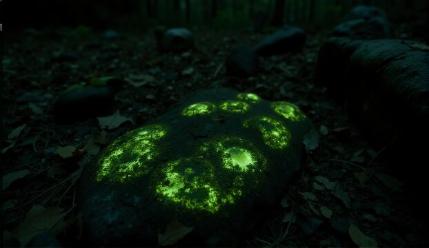 Bioluminescent foxfire illuminates a tranquil forest floor with a magical, ethereal green glow amidst decaying wood and foliage., ultra detailed, 8k resolution, HDR, professional