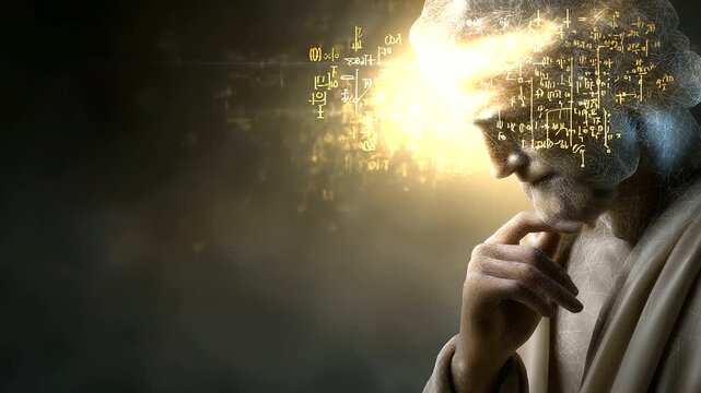 A thinker debating divinity with glowing light and logical symbols