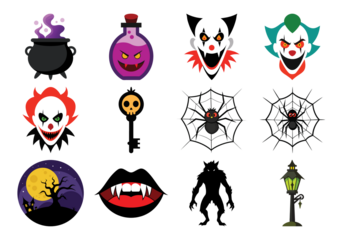 Funny cartoon birds and animals in Halloween costumes with pumpkins bats and spooky symbols