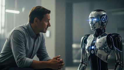Man Communicating with Advanced Robot, Generative ai