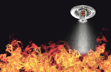 Image of Fire Sprinklers Spraying with fire background. Fire sprinklers are part of an overall...