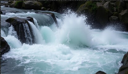 Whitewater rapids surge powerfully over mossy rocks, frozen in time by a fast shutter speed, showcasing intricate water details., ultra detailed, 8k resolution, HDR, professional