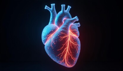 A detailed, realistic heart sculpted from glowing glass filigree, featuring pulsing blue and red liquid light within. Stunning visual!, ultra detailed, 8k resolution, HDR, professional