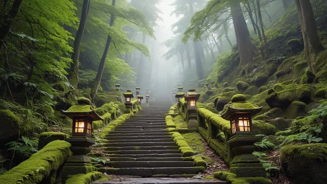 Mossy stone steps in a serene forest