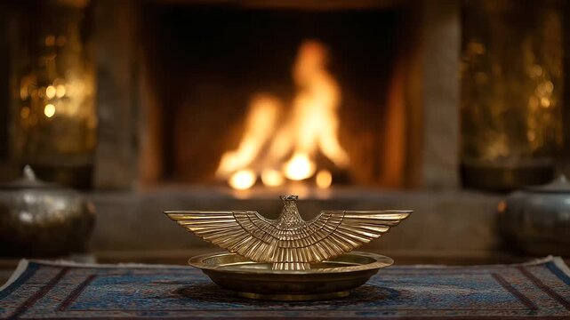 Afire altar glowing with the Faravahar symbol of Zoroastrianism