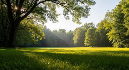 Golden Rays Through the Green: Serene Forest Meadow