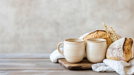 Rustic Morning Ceramic Mugs and Sourdough Bread Still Life , Breakfast , Coffee