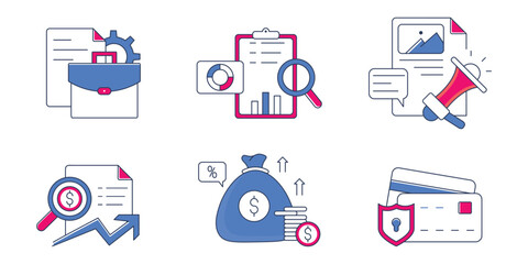 Flat Business and Finance Icon Set – Modern Blue and Pink Icons for Banking, Marketing, and Growth