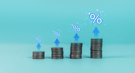 The concept of increasing interest rates, business value ratio and investment arrows up, business...