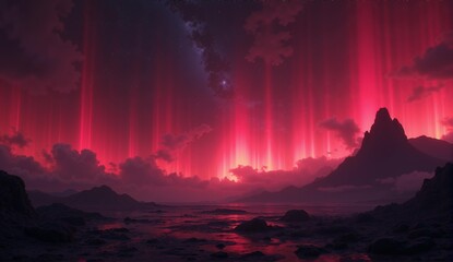 Stunning aurora borealis on an alien world, featuring unusual crimson and gold hues due to unique atmospheric gases., ultra detailed, 8k resolution, HDR, professional