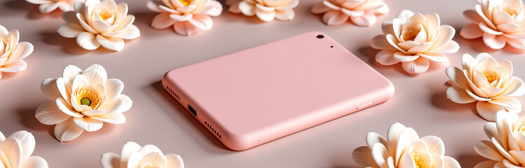 delicate pink phone case floats serenely soft focus background surrounded intricate pattern flowers subtly