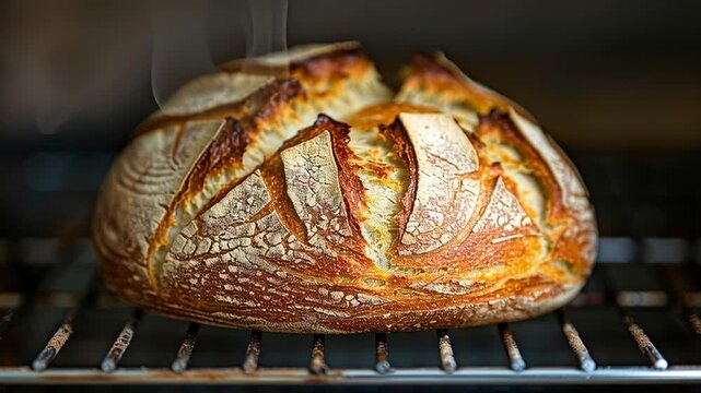 Freshly baked artisan bread with a golden crust and intricate scoring sits on a cooling rack, showcasing its texture and inviting aroma in a warm kitchen environment