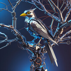 Mechanical Bird Perched on Cybernetic Tree Branch