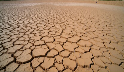 Aerial view of a parched desert riverbed showcasing intricate fractal crack patterns in the dried mud. Evokes an organic complexity., ultra detailed, 8k resolution, HDR, professional
