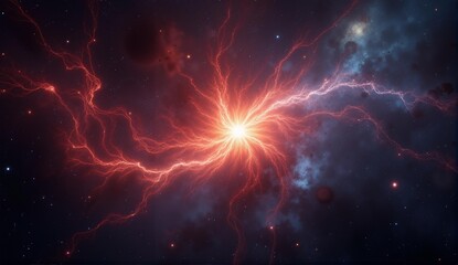 Supernova remnant depicted as a detailed, colorful web of glowing gas filaments expanding through space. Rich reds and blues dominate the palette., ultra detailed, 8k resolution, HDR, professional