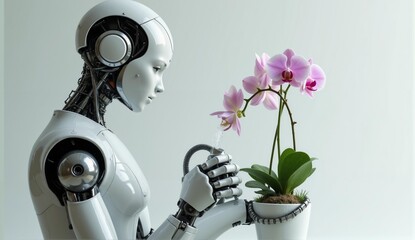 Photorealistic image of a sleek, white & silver humanoid robot gently watering an orchid plant. Detailed hands and precise movements., ultra detailed, 8k resolution, HDR, professional
