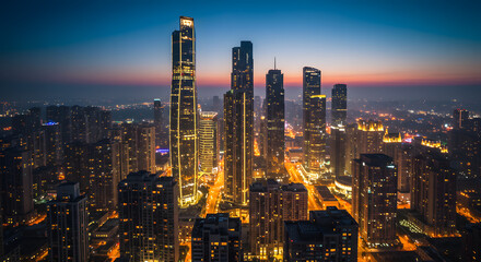 Illuminated Skyscrapers and Cityscape at Dusk with Golden Lights and Haze