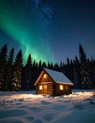 Cozy log cabin under starry night sky with aurora borealis