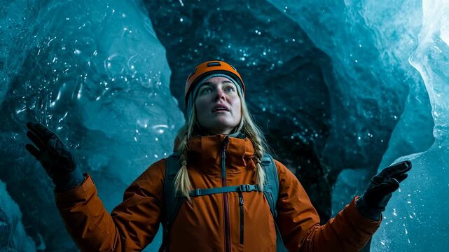 Woman exploring a stunning natural ice cave with glistening blue ice formations. Adventure travel and climate change concept.