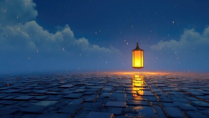 Lantern glows on cobblestones at dusk