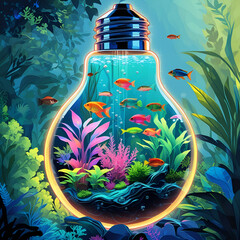 Aquarium inside glowing bulb in fantasy jungle