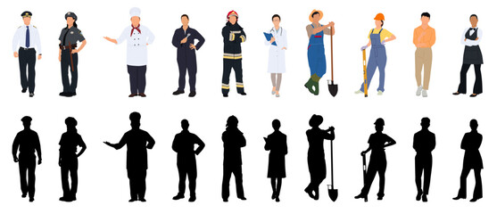 People cartoon character different profession with silhouette, job occupation and specialization isolated on white