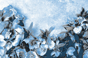 Artistic digital image of hellebore flowers in cool blue tones against a textured background. 