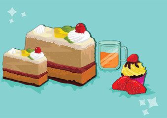 Delicious Pastry Dessert Vector Illustration – Layered Cake, Cupcake with Berries, and Glass of Juice on Blue Background. eps