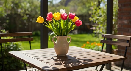 Colorful tulips bouquet on wooden outdoor table