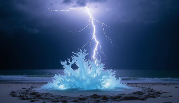 Dramatic scene of a lightning strike transforming beach sand into intricate fulgurite glass art. Sharp focus on light and texture., ultra detailed, 8k resolution, HDR, professional