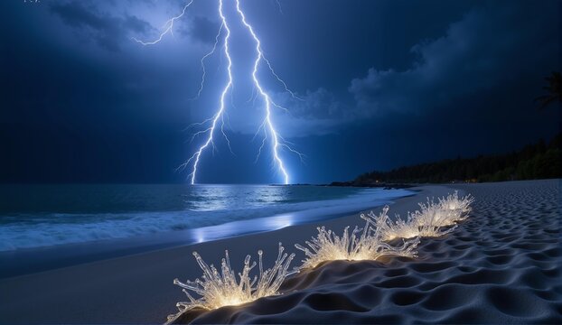 Dramatic scene of a lightning strike transforming beach sand into intricate fulgurite glass art. Sharp focus on light and texture., ultra detailed, 8k resolution, HDR, professional
