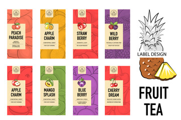 Modern Fruit Tea Labels with Hand-Drawn Style, Packaging Design with Fruit Icons and Flavor Text