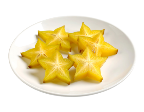 Sliced star fruit on white plate, isolated, bright yellow star fruit slices arranged on a white plate against a transparent background
