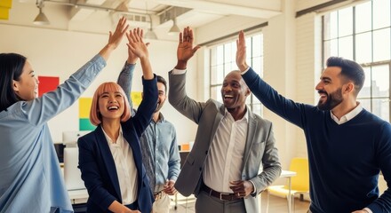 Joyful diverse business colleagues celebrating a major achievement with a group high-five