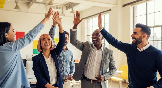 Joyful diverse business colleagues celebrating a major achievement with a group high-five - Powered by Adobe